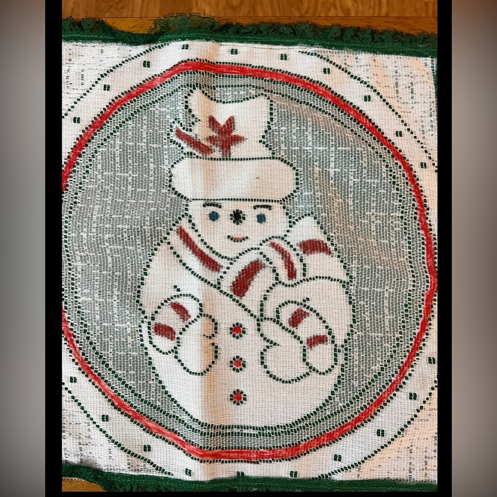 Hand Stitched Placemat/ Doily 2 Lace Snowmen Christmas Green Trim Feminine